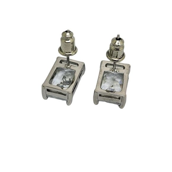 Elegant Silver Emerald Cut BlueWhite Cubic Zirconia Stud Earrings - Picture 6 of 8